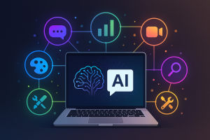 Laptop surrounded by colorful AI icons representing writing, design, SEO, video editing, and productivity tools on a dark gradient background.