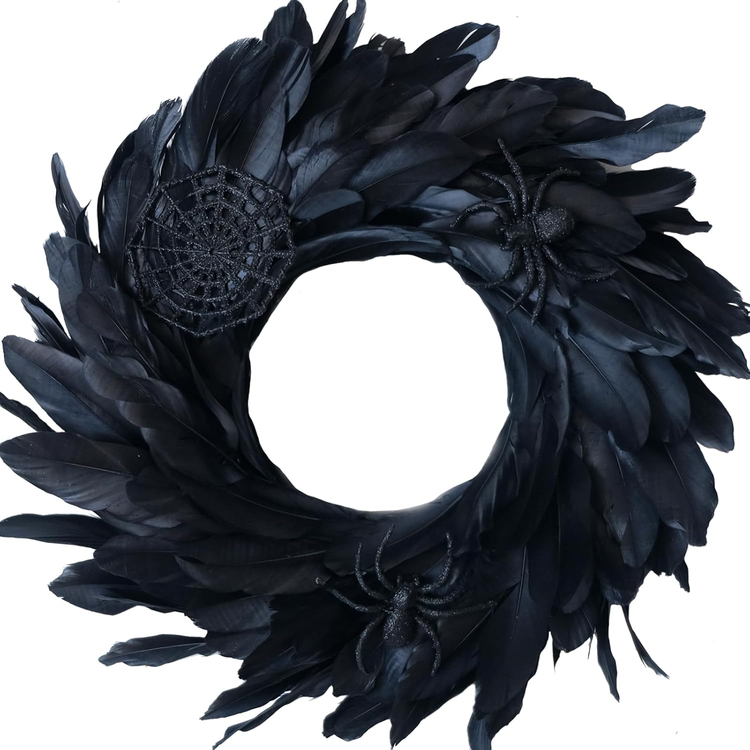 Halloween Black Feather Wreath for Front Door, 14 Inch Hallo…