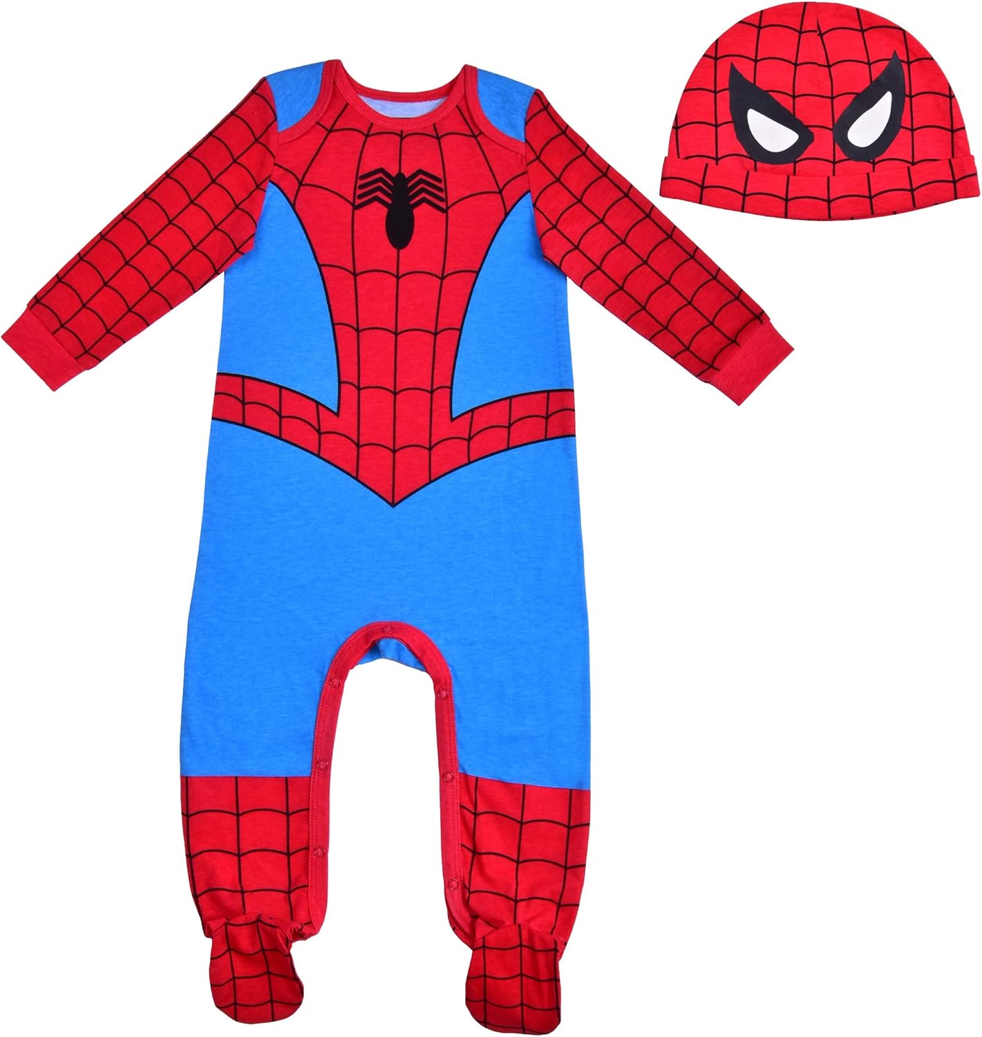 Marvel Spider-Man Boys Long Sleeve Footie Romper and Hat Set…